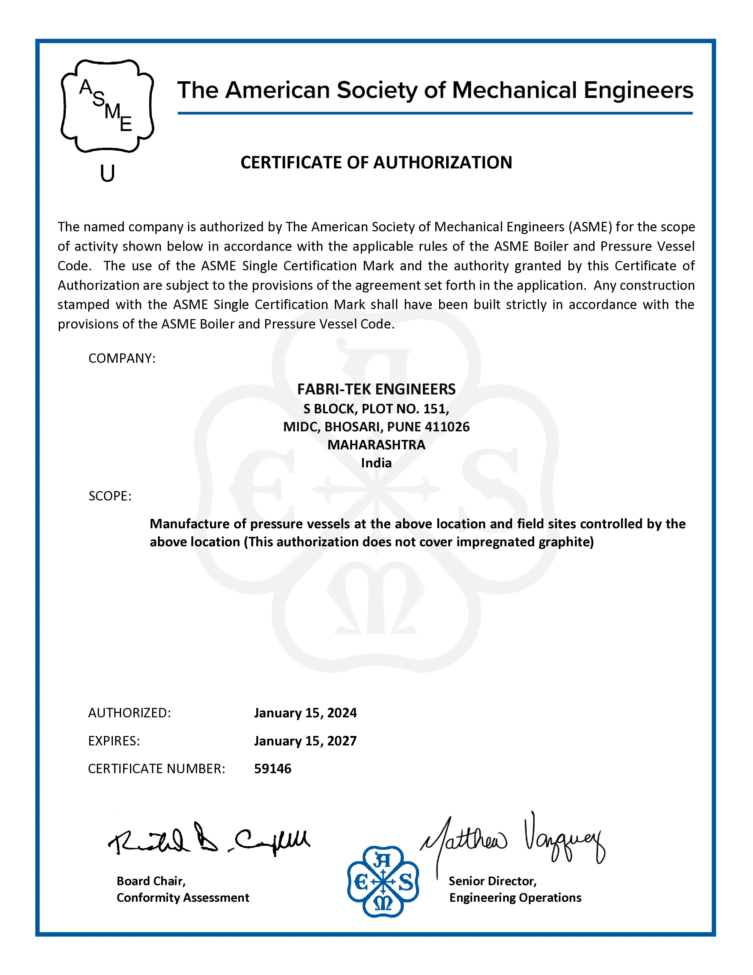 ASME U Stamp certificate Fabri-Tek Engineers