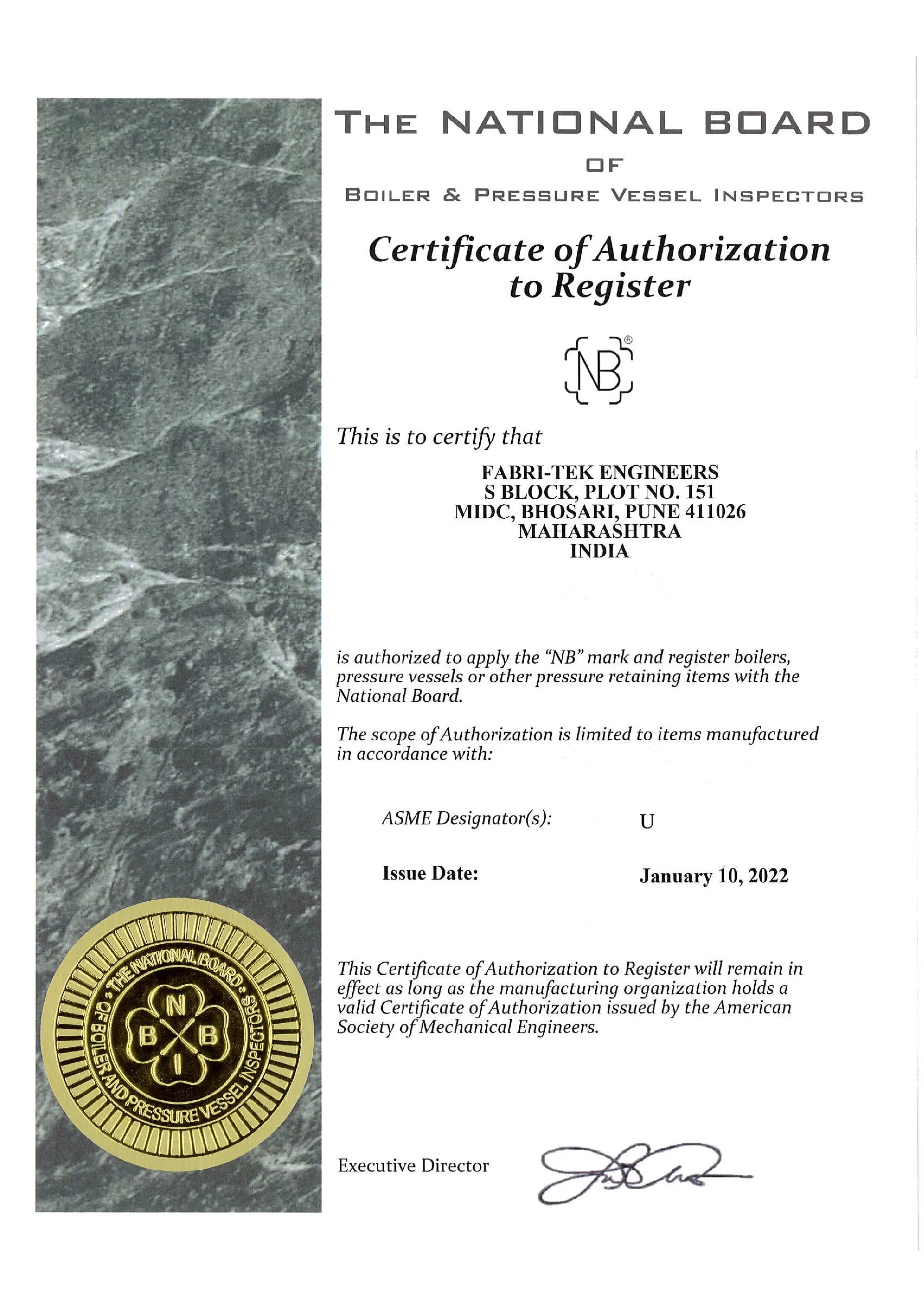 National Board Certificate of Authorization to Register for Fabri-Tek Engineers ASME U Designator